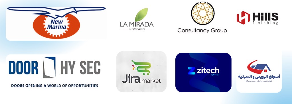 Client logos including Neomarina, La Mirada New Cairo, consulting group, Hills Finishing, Door High Sec, Gira Market, Z Tech Group, Al-Rawaei and Al-Sabtiya markets