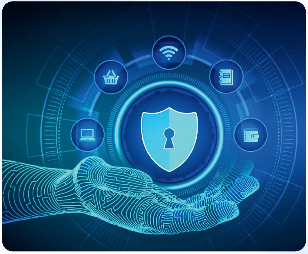 Cybersecurity illustration: glowing digital shield with lock and icons for devices, networks, and transactions.