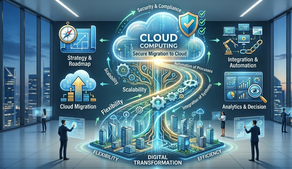 Infographic on digital transformation and cloud: strategy, secure migration, integration and automation, analytics and decision-making, security and compliance.