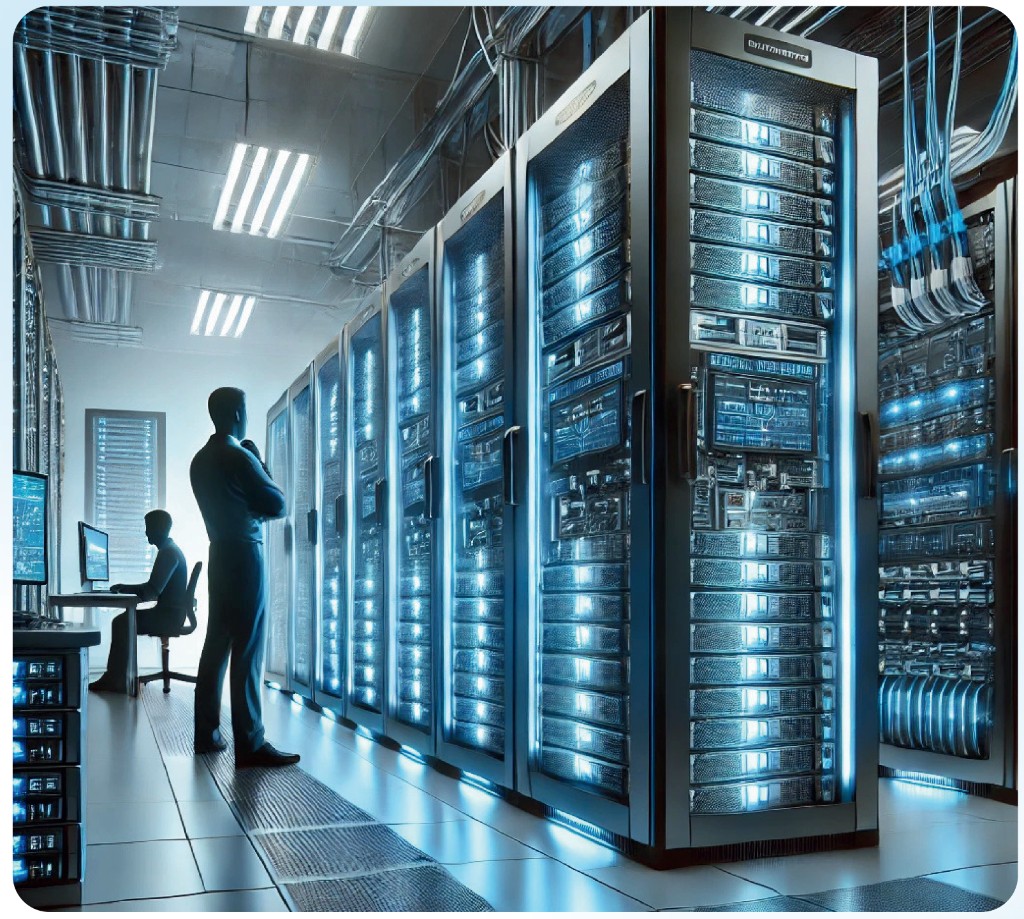 Modern server room: lit racks, cabling, and IT professionals monitoring systems.