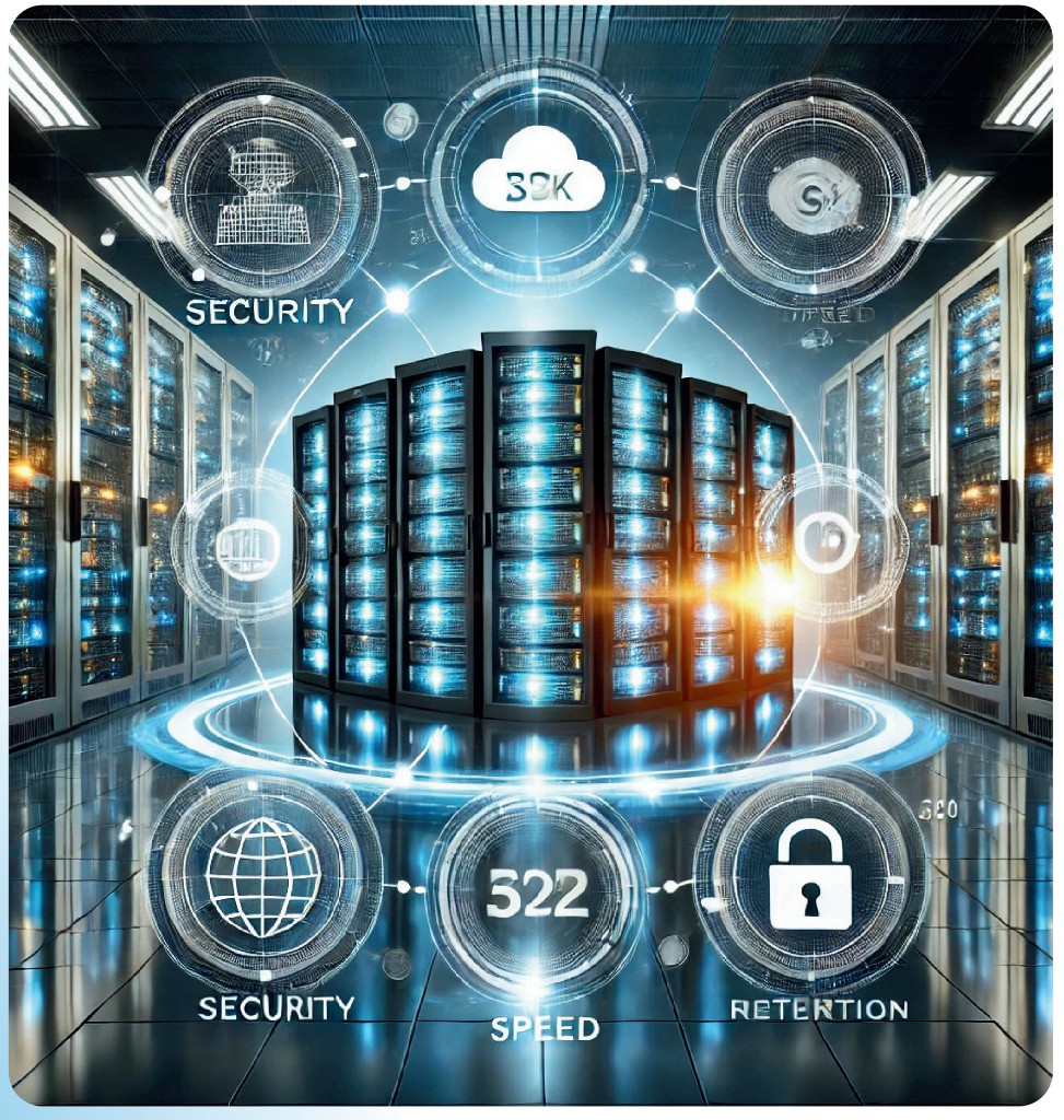 Modern data center with servers and digital interfaces suggesting speed, security, and connectivity.