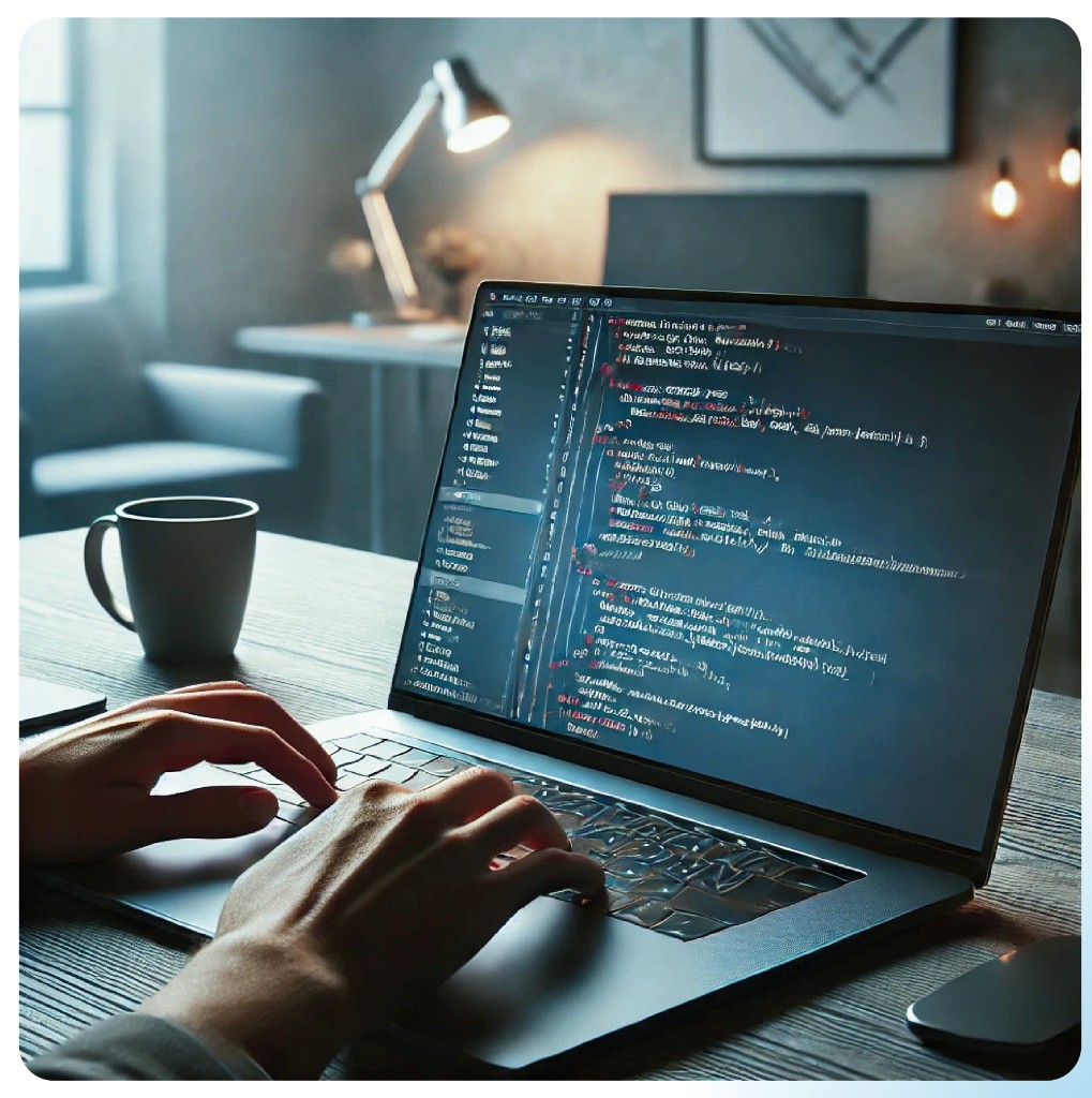 Developer on a laptop with code in a professional workspace — symbolizing software components and development.
