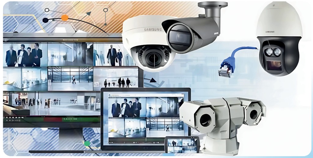 Collage of surveillance gear: professional cameras, live-view monitors, laptop and phone for remote monitoring, and network connectivity.